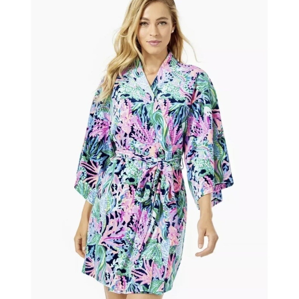 Lilly Pulitzer BRINGING MERMAID BACK ELAINE Velour Robe Soft Kimono Sleeve